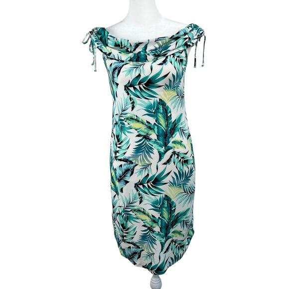 No Boundaries White Tropical Palm Off Shoulder Shift Mini/Midi Dress Jr Medium - Picture 1 of 13